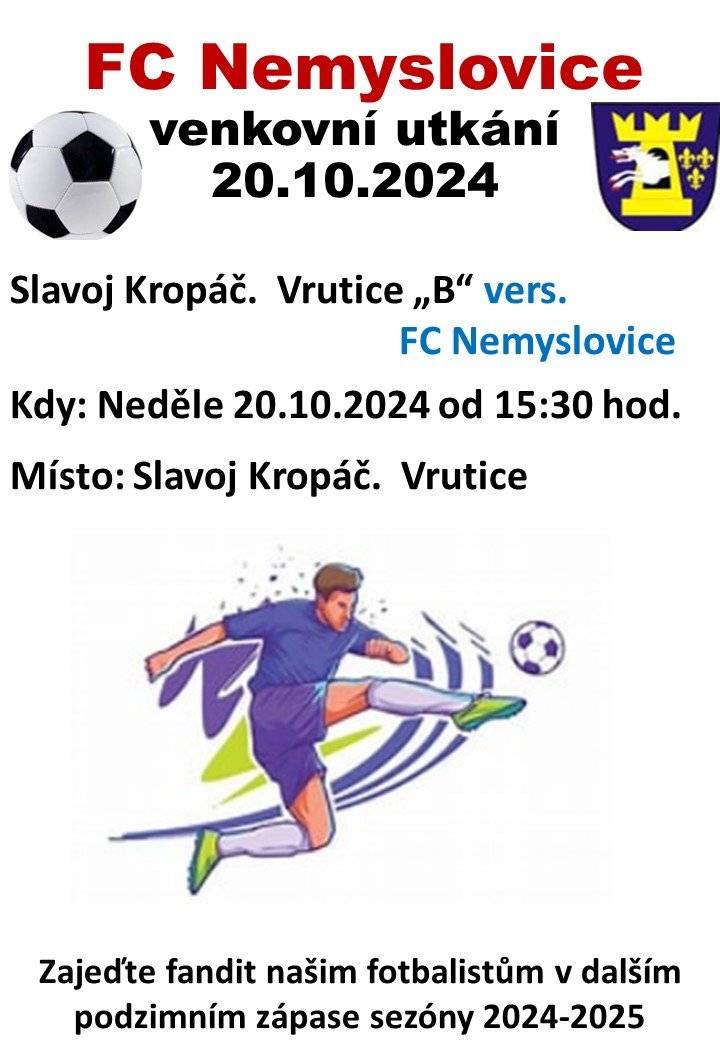 V neděli 20.10.2024 sehraje od 15:30 hod. tým FC Nemyslovice další zápas podzimní části sezóny 2024-2025, tentokrát na hřišti Slavoje Kropáčova Vrutice.