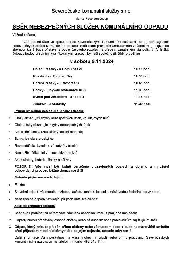 V sobotu dne 9.11.2024 se uskuteční sběr nebezpečných složek komunálního odpadu.
