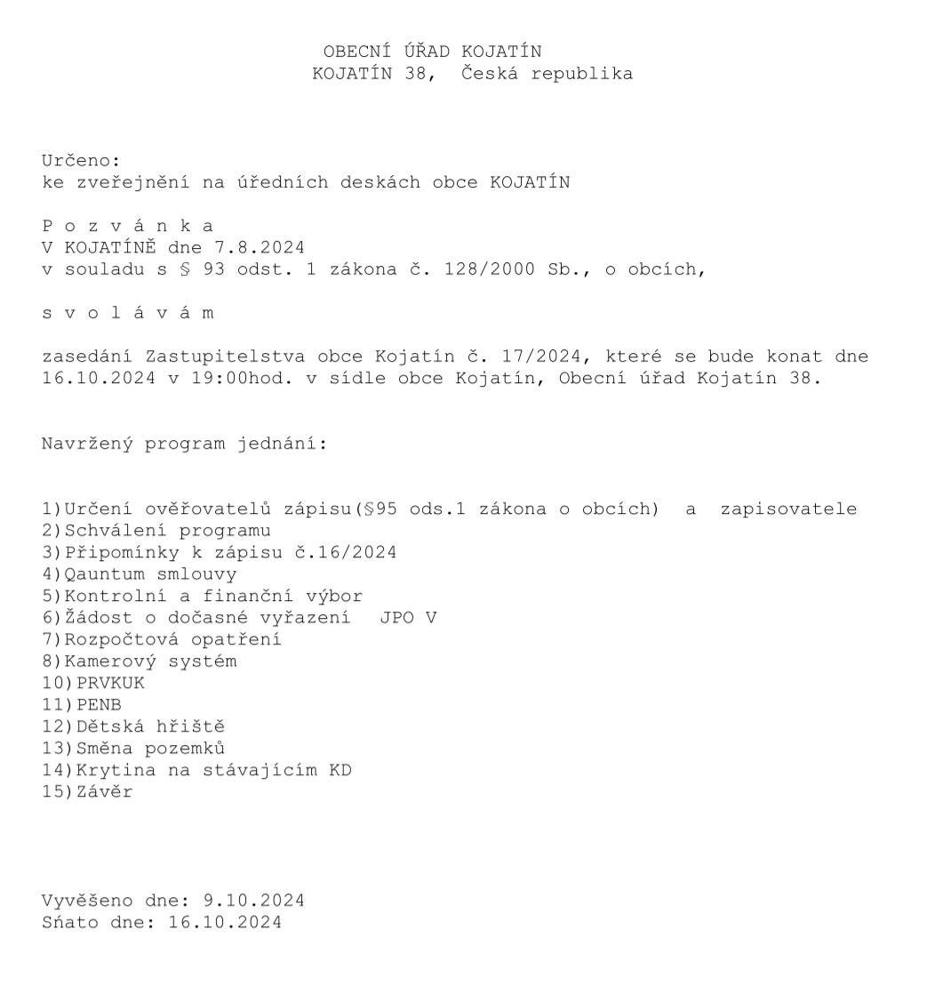 Pozvánka na zasedání zastupitelstva obce Kojatín, které se bude konat dne 16. 10. 2024.