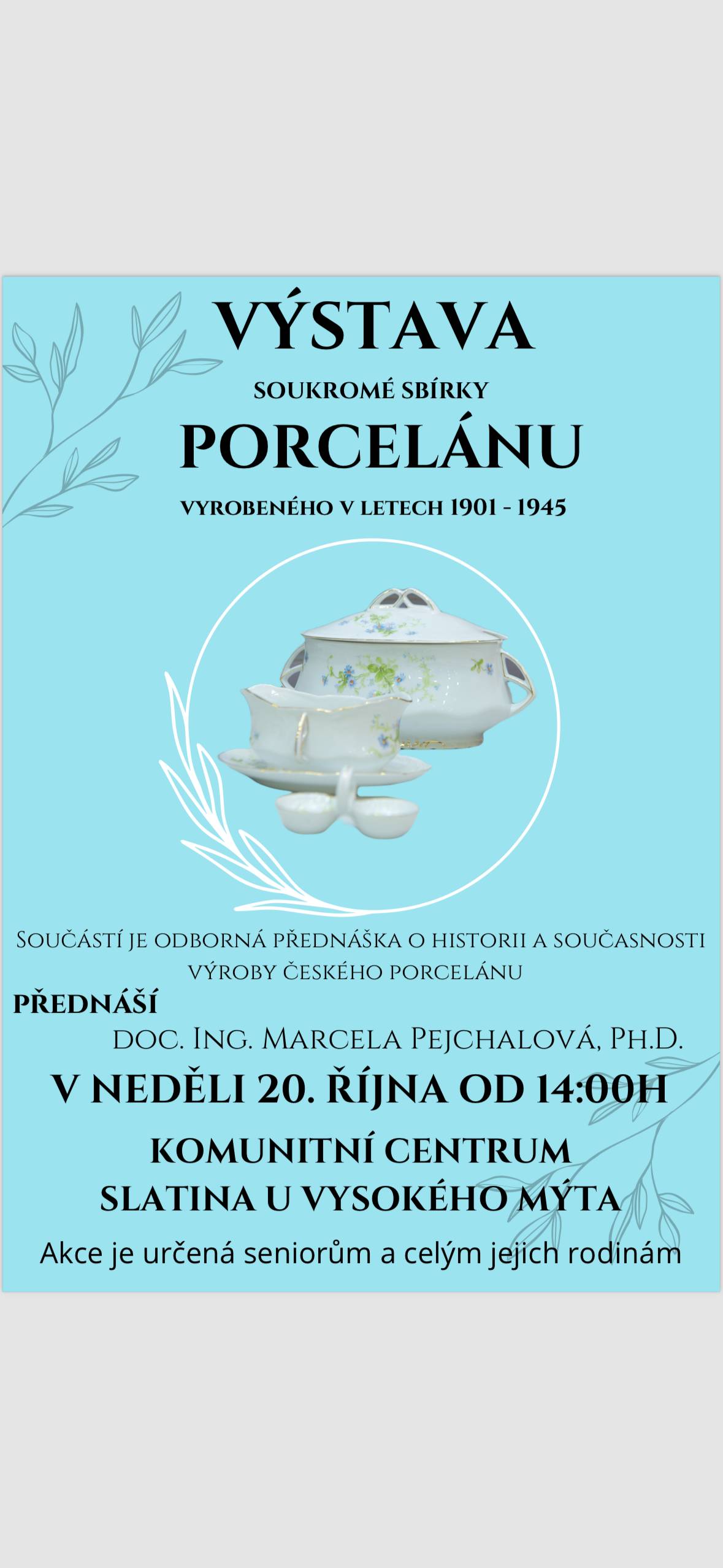 V neděli 20.10. od 14h vás zveme do komunitního centra na výstavu historického porcelánu spojenou s přednáškou Doc. Ing. M.Pejchalové PhD.