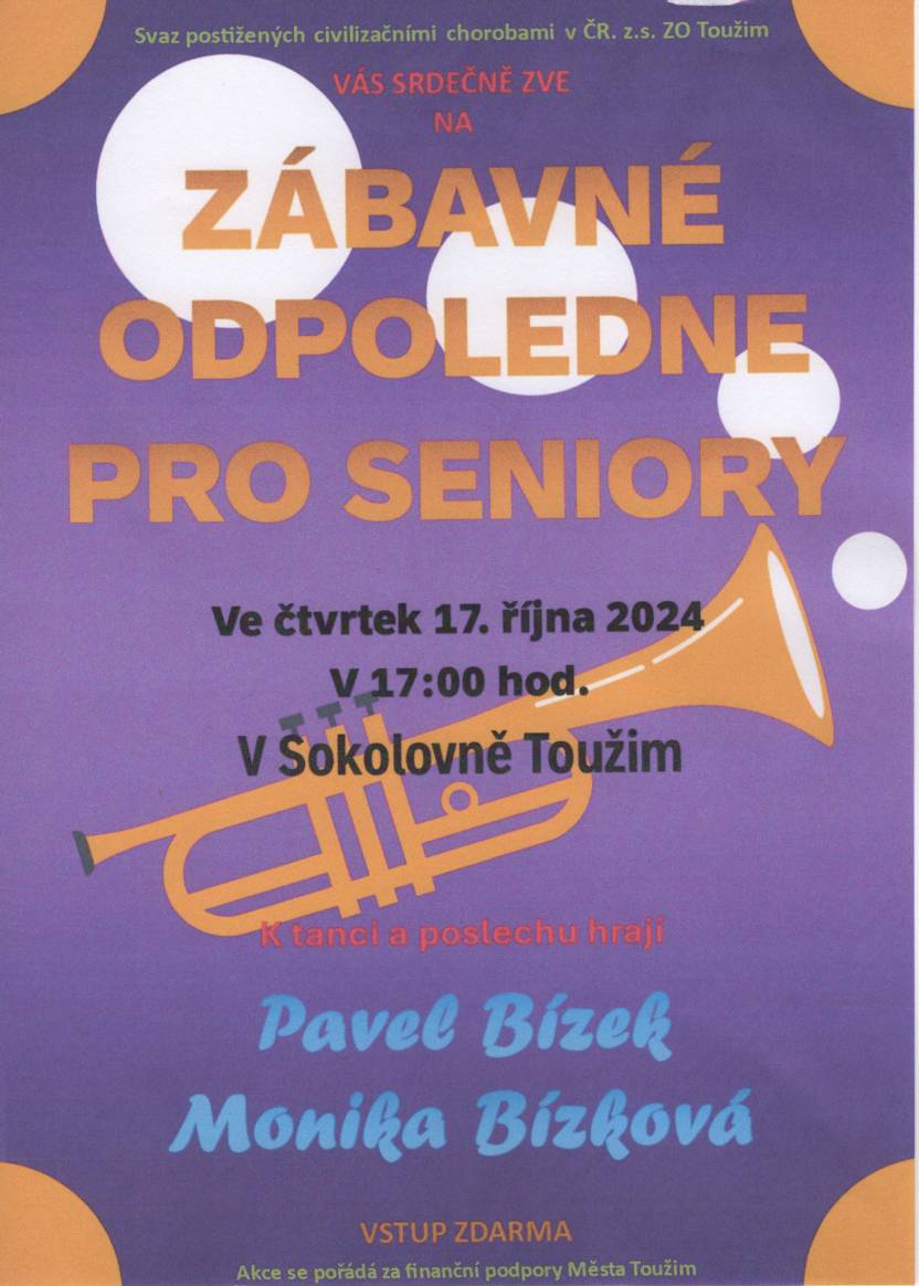 Dne 17.10.2024 se od 17 hod. koná v sokolovně Zábavné odpoledne pro seniory.