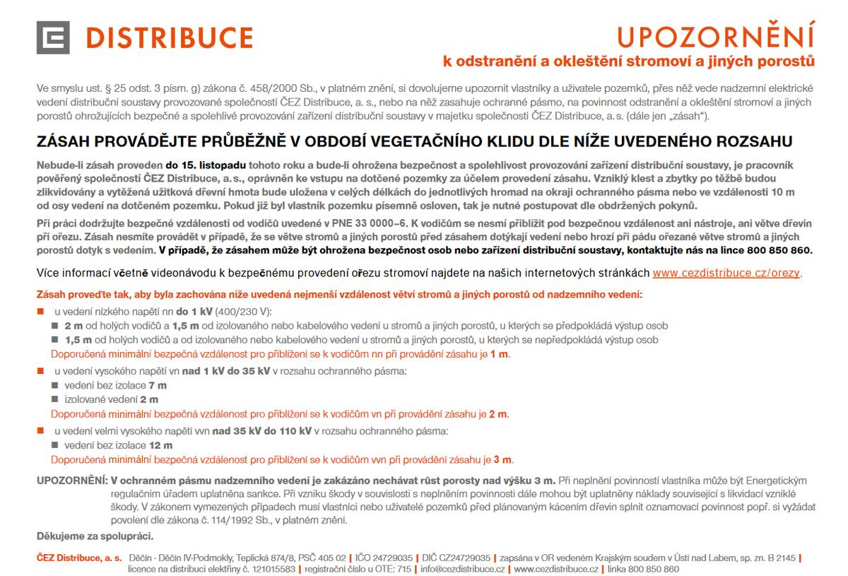 Upozornění k odstranění a okleštění stromoví a jiných porostů-ČEZ