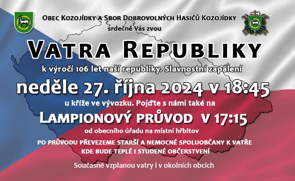 V neděli 27.10.2024  v 18.45hod proběhne slavnostní zapálení Vatry republiky u kříže ve vývozku. Před tím všechny zveme na lampionový průvod na místní hřbitov se srazem 17:15 hod u Obecního úřadu.