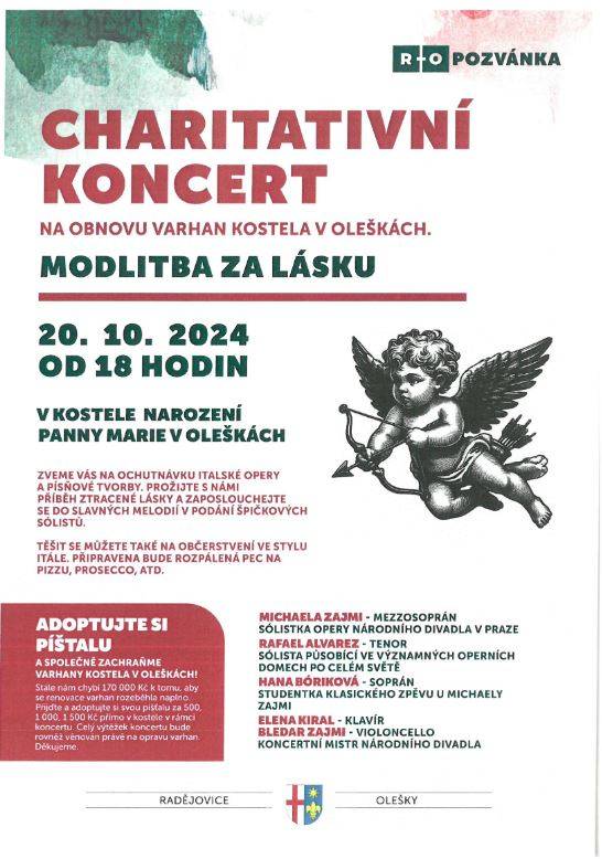 OÚ Radějovice Vás zvou na charitativní koncert na obnovu varhan kostela v Oleškách