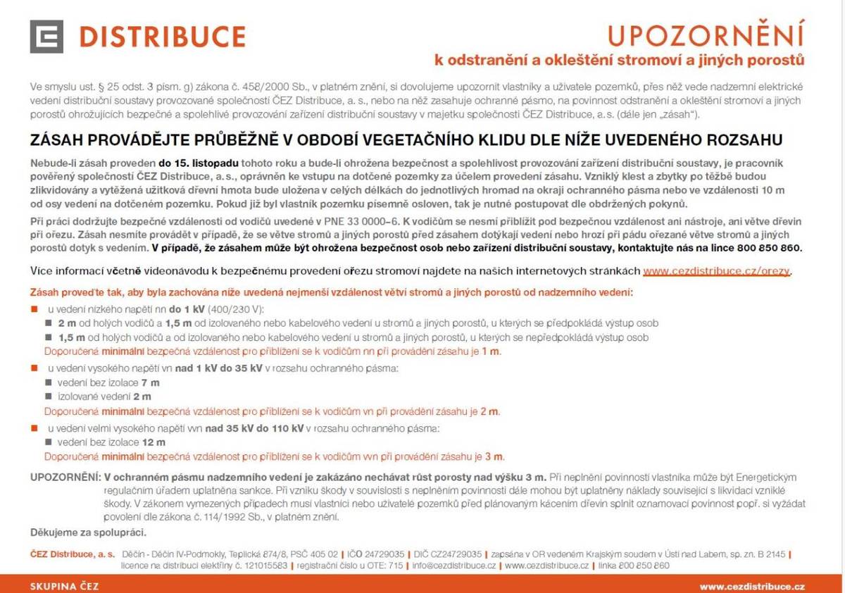 UPOZORNĚNÍ  k odstranění a okleštění stromoví a jiných porostů