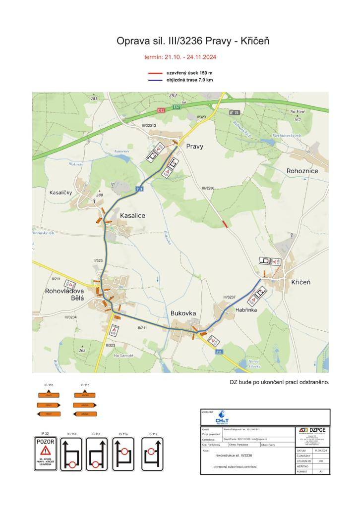 Oprava silnice III/3236 Pravy - Křičeň  Termín: 21.10. - 24.11. 2024