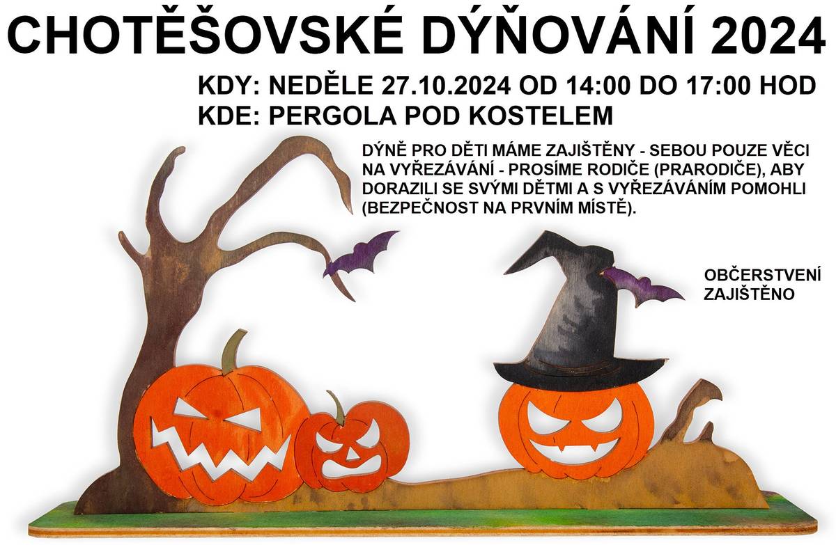 Obec Chotěšov tímto zve všechny chotěšovské děti, jejich rodiče a prarodiče příští týden v neděli 27.10.2024 od 14:00 do 17:00 hod na Chotěšovské dýňování. Akce se koná pod pergolou u kostela. Dýně pro děti máme zajištěny, sebou pouze věci na vyřezávání. Kvůli bezpečnosti dětí při vyřezávání žádáme rodiče či prarodiče o asistenci. Občerstvení pro všechny zajištěno. Budeme se na Vás těšit.