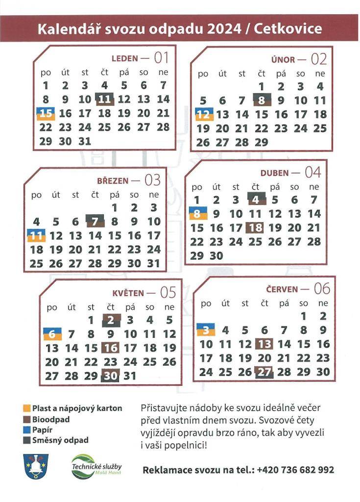 Svozový kalendář pro domácnosti 2024