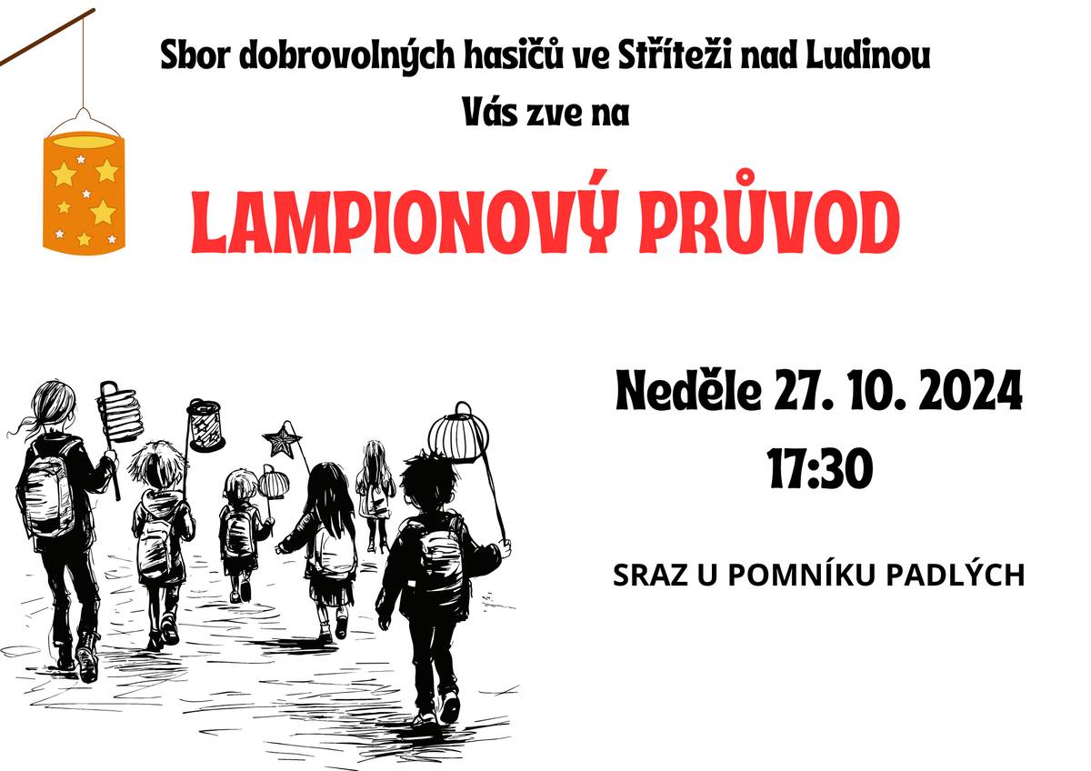 Dobrovolní hasiči Vás zvou na Lampionový průvod, který proběhne v neděli 27.10.2024. Sraz v 17:30h před sokolovnou. Společný průvod obcí od pomníku padlých do sportovního areálu.