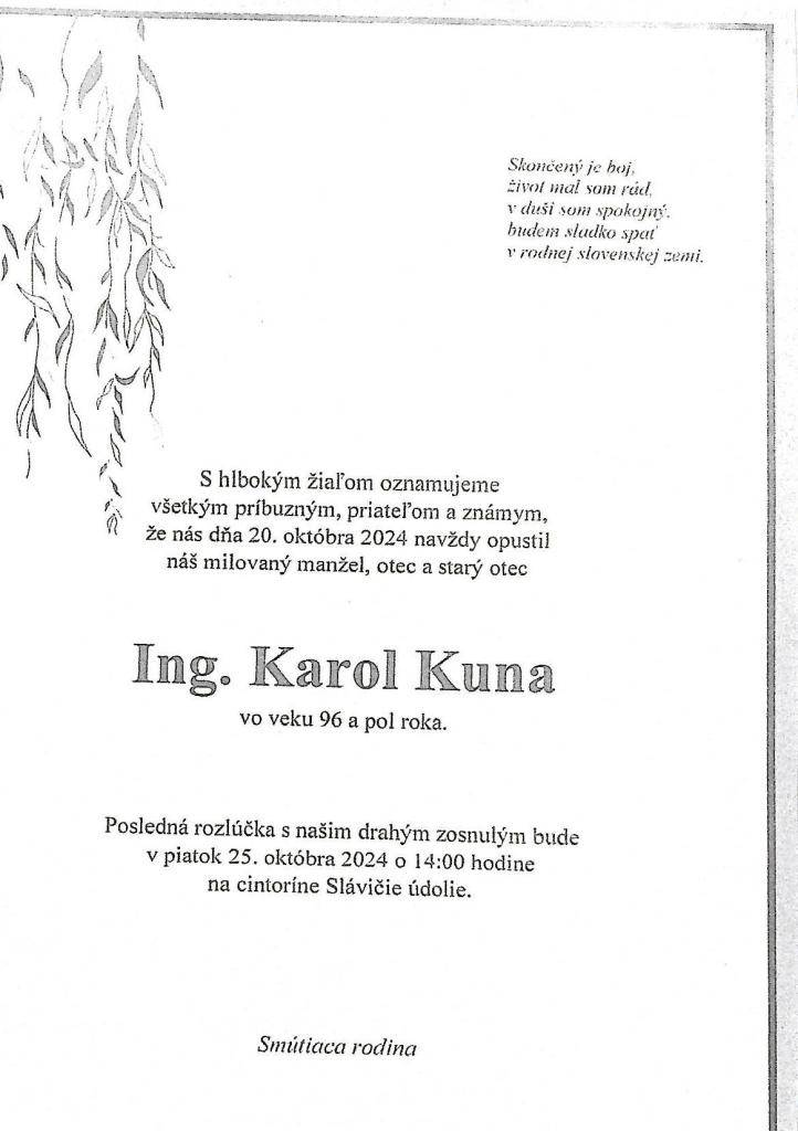 Smútočné oznámenie Ing. Karol Kuna