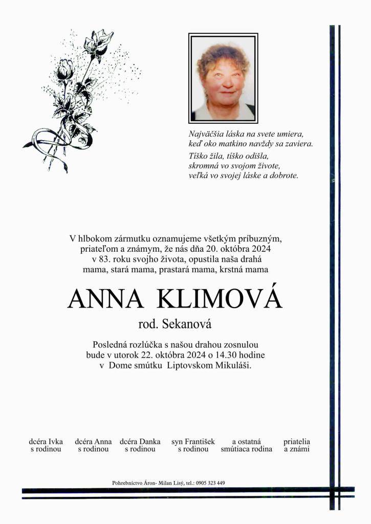 Smútočné oznámenie Anna Klimová