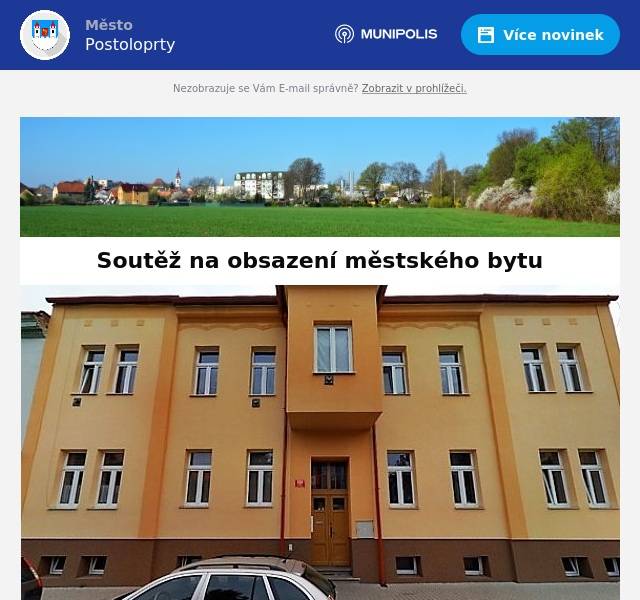 Město Postoloprty na základě ustanovení odst. 1, § 39, zákona č. 128/2000 Sb., o obcích (obecní zřízení) zveřejňuje volnou nabídku na obsazení městského bytu. Jedná se o byt o velikosti 1+1 v ulici Žižkova 323, Postoloprty. Byt má: kuchyňskou linku, kombinovaný sporák, sprchový kout, plynový kotel. Dům nemá výtah. Minimální měsíční nájemné je nejnižší vyvolávací cenou.  Dále je nutno hradit zálohy na služby spojené s užíváním bytu (voda, elektřina, plyn, pronájem nádob na odpady) + další poplatky dle individuálních smluv. Minimální měsíční nájemné činí 2.894 Kč, jistota 8.682 Kč. Prohlídky nabízeného bytu se uskuteční: 16.10. 2024 v 16:30 hod22. 10. 2024 v 10:30 hodSraz uchazečů je přímo před domem v ul. Žižkova 323, Postoloprty. Nabídky s uvedením měsíčního nájemného odevzdejte na předepsaném formuláři do podatelny Městského úřadu Postoloprty do 24. 10. 2024 do 11.00 hodin. Formulář si vyzvedněte na podatelně MÚ v Postoloprtech nebo na internetových stránkách města: www.postoloprty.cz. Zalepenou obálku označte svým jménem, příjmením, adresou a heslem: „Žižkova 323, byt č. 1 – neotevírat“.