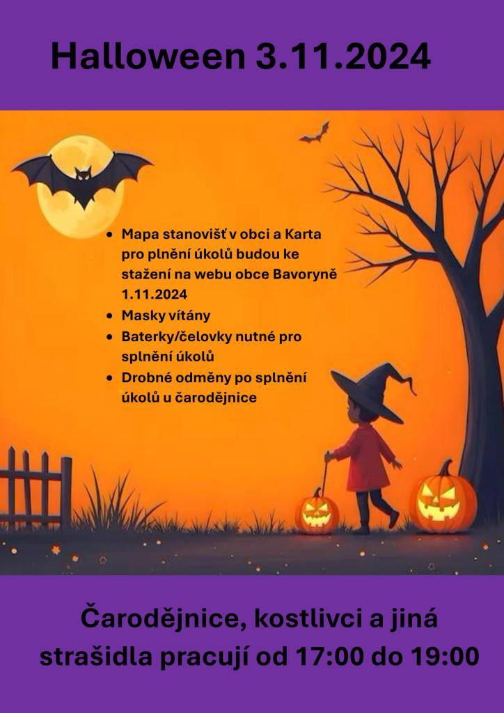 Vydejte se s námi na stezku, splňte úkoly a přijďte si k čarodějnici pro drobný dárek :-)  Halloween v Bavoryni 3.11.2024 