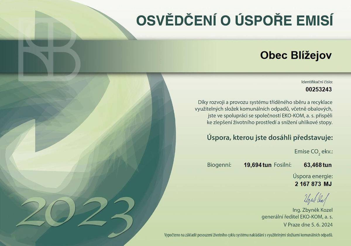 CERTIFIKÁT ODPADY za rok 2023