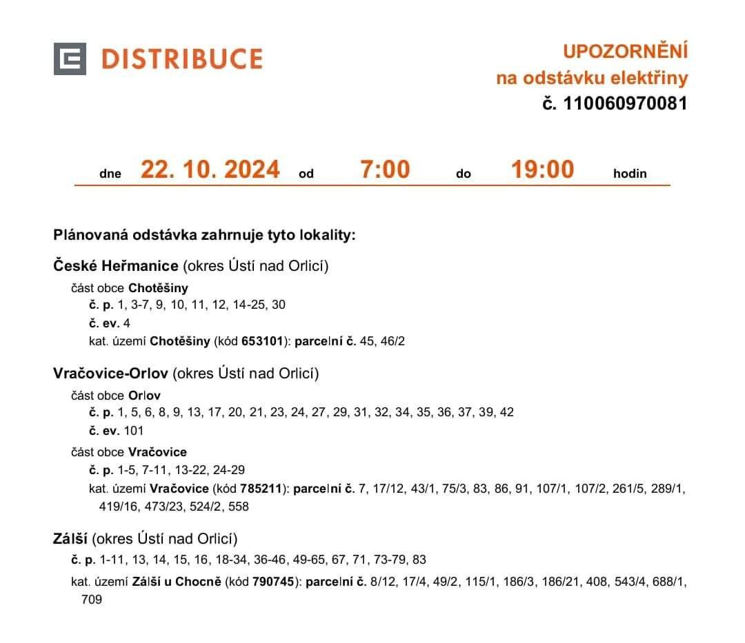 Milí spoluobčané , upozorňujeme na odstávku eletkřiny v obci Zálší dne 22.10.2024.