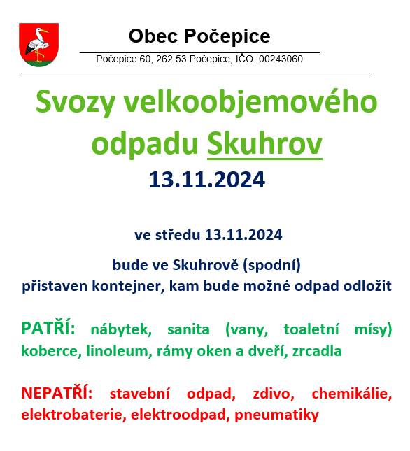 Svoz velkoobjemového odpadu Skuhrov - 13.11.2024