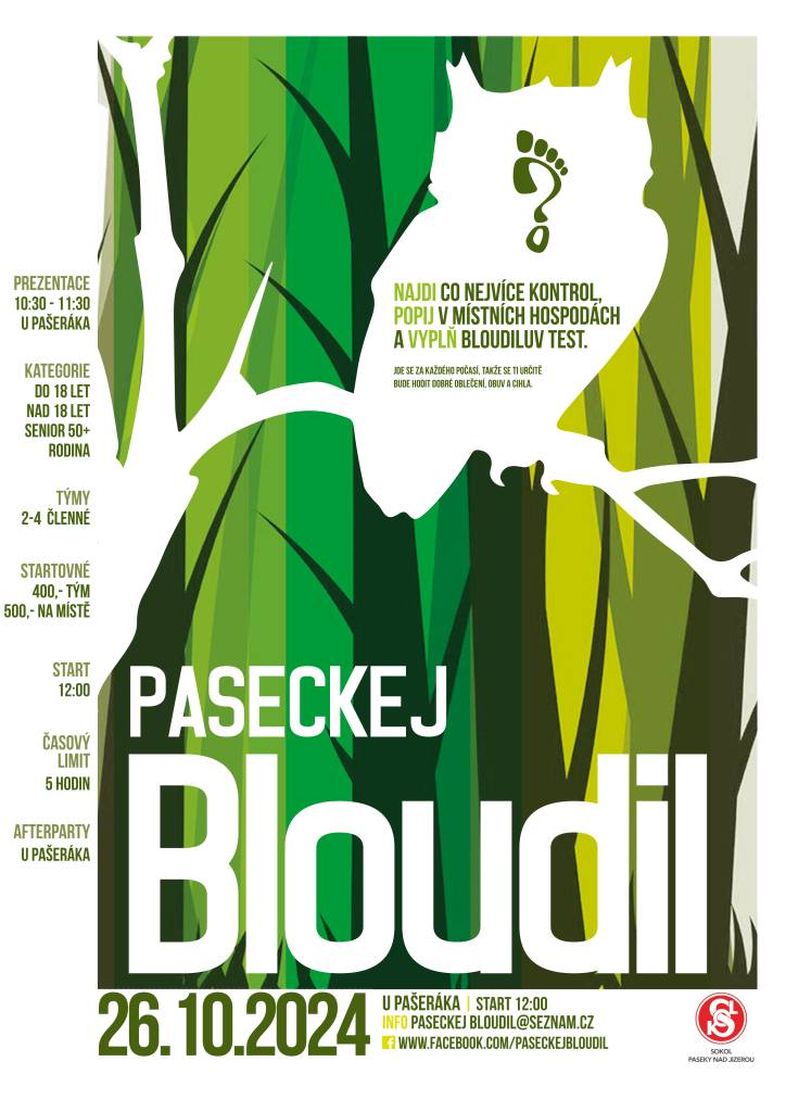 Milujete netradiční výzvy? Tak Paseckej Bloudil je akce přímo pro Vás!  Sobota 26. října 2024 Prezentace  od 10:30 do 11:30 v restauraci U Pašeráka, časový limit 5 hodin.  Kategorie 18+, 18-, 50+, rodina