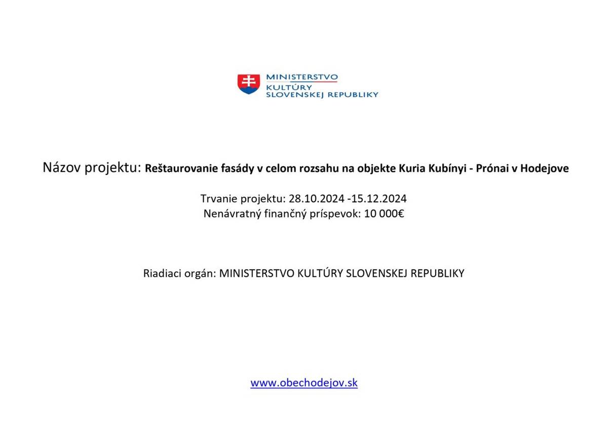 Reštaurovanie fasády v celom rozsahu na objekte Kuria Kubínyi - Prónai v Hodejove 