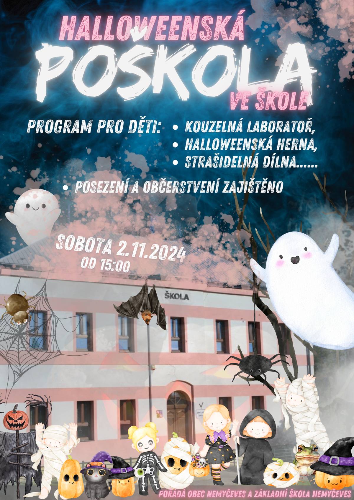 V sobotu 2. listopadu se opět po roce uskuteční tradiční obecní Halloween. Tentokrát ale netradičně v základní škole v Nemyčevsi, tak se přijďte pobavit, těšíme se na vás! Drobné občerstvení pro všechny bude připraveno.