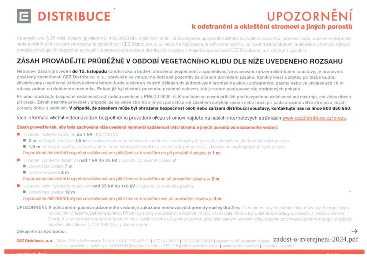 Upozornění pro vlastníky a uživatele pozemků, přes něž vede nadzemní elektrické vedení distribuční soustavy.