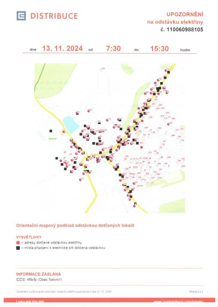 Upozornění na odstávku elektřiny dne 13.11.2024 od 7:30 do 15:30 hod.