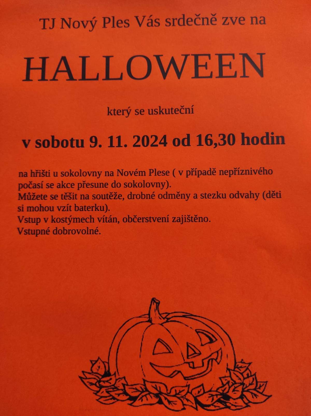 TJ Sokol Nový Ples Vás srdečně zve na HALLOWEEN, který se uskuteční v sobotu 9.11.2024 od 16:30 hod ve sportovním areálu. V případě nepříznivého počasí se akce uskuteční v prostorách sokolovny. Můžete se těšit na stezku odvahy, soutěže a odměny. Vstup v kostýmech vítán. Občerstvení zajištěno.