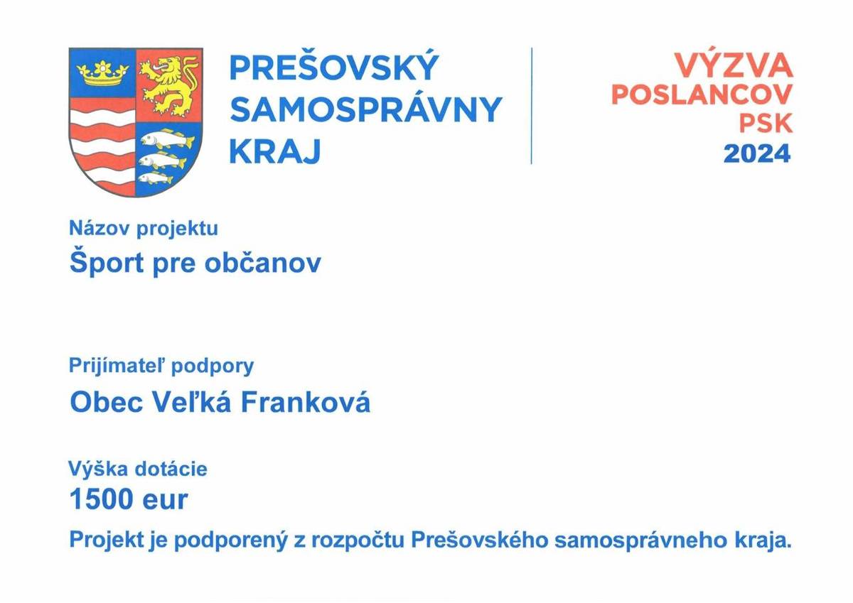 Naša obec získala  dotáciu z rozpočtu PSK vo výške 1500 €  na dovybavenie posilňovne.