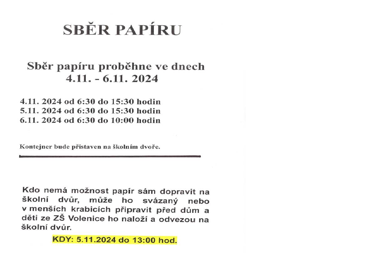 Sběr papíru proběhne ve dnech 4.11.2024 do 6.1.2024