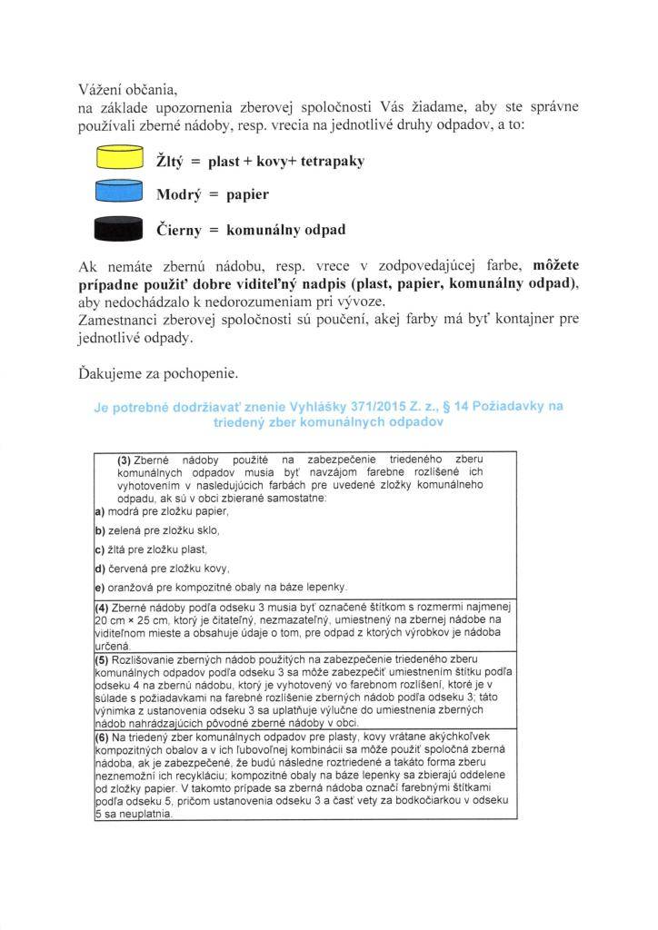 Upozornenie na dodržiavanie Vyhlášky 371/2015 Z. z., § 14 Požiadavky na triedený zber komunálnych odpadov