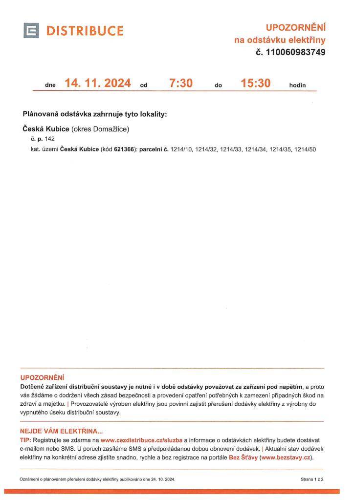 Oznámení o přerušení dodávky el. energie dne 14.11.2024