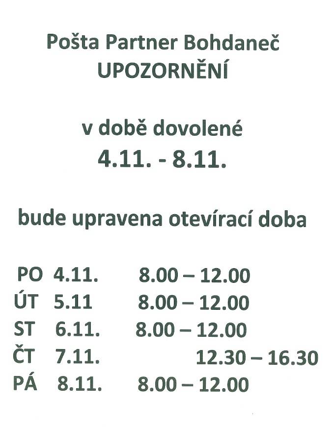 Ve dnech 4.11.2024 -8.11.2024 bude z důvodu čerpání dovolené upravena provozní doba.