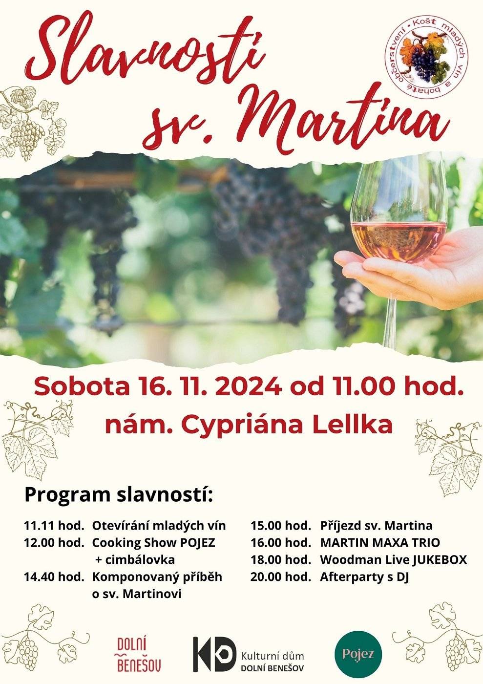 Je pro vás připravený den plný skvělého jídla, různých druhů vín a živé hudby! 🍷🍽️🎶 Těšit se můžete na příjezd sv. Martina na koni, který bude ústředním bodem našich oslav! 🐴✨ A to není všechno – čeká vás také úžasná cooking show, kde uvidíte, jak se připravují speciality, které vás zahřejí na těle i na duši. A nezapomeňte, víno bude téct proudem! 😉 Těšíme se na vás a na společné chvíle plné radosti a zábavy! Kdy: 16. listopadu Kde: nám. Cypriána Lellka Čas: od 11 hodin Přijďte s přáteli a rodinou! ❤️