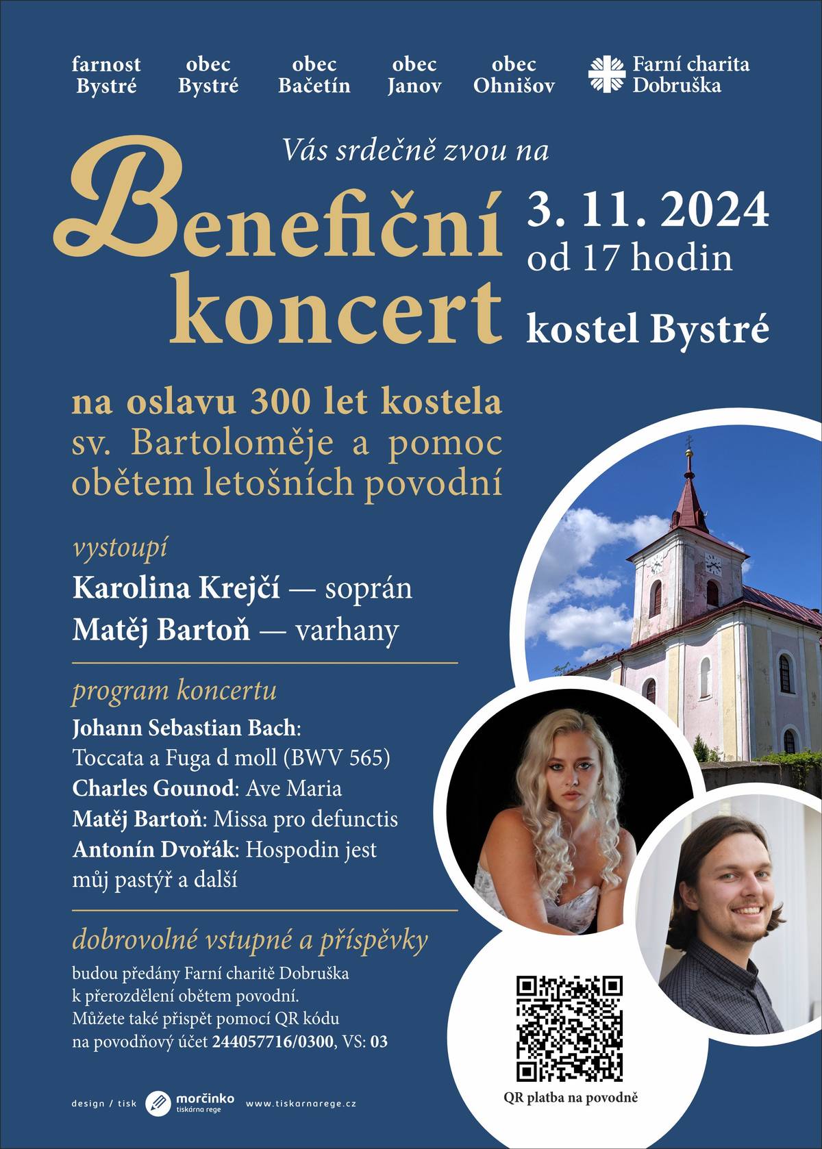 Benefiční koncert na oslavu 300 let kostela sv. Bartoloměje v Bystrém a pomoc obětem letošních povodní dne 3.11.2024 od 17.00 h.