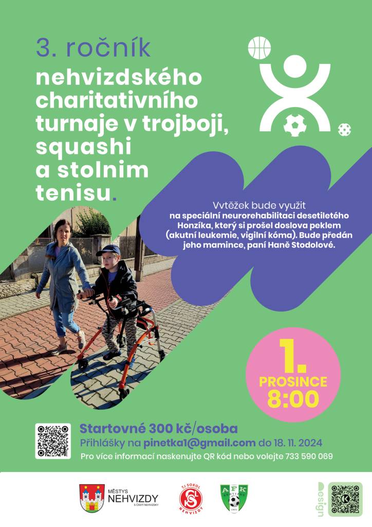 Kde: Sportovní hala Nehvizdy, Bedřicha Mouchy 1001, 250 81 Nehvizdy  Kdy: 1. 12. 2024, registrace 7:00 – 8:00 hod., začátek sportovních aktivit 8:30 hod., konec v pozdních odpoledních hodinách.   