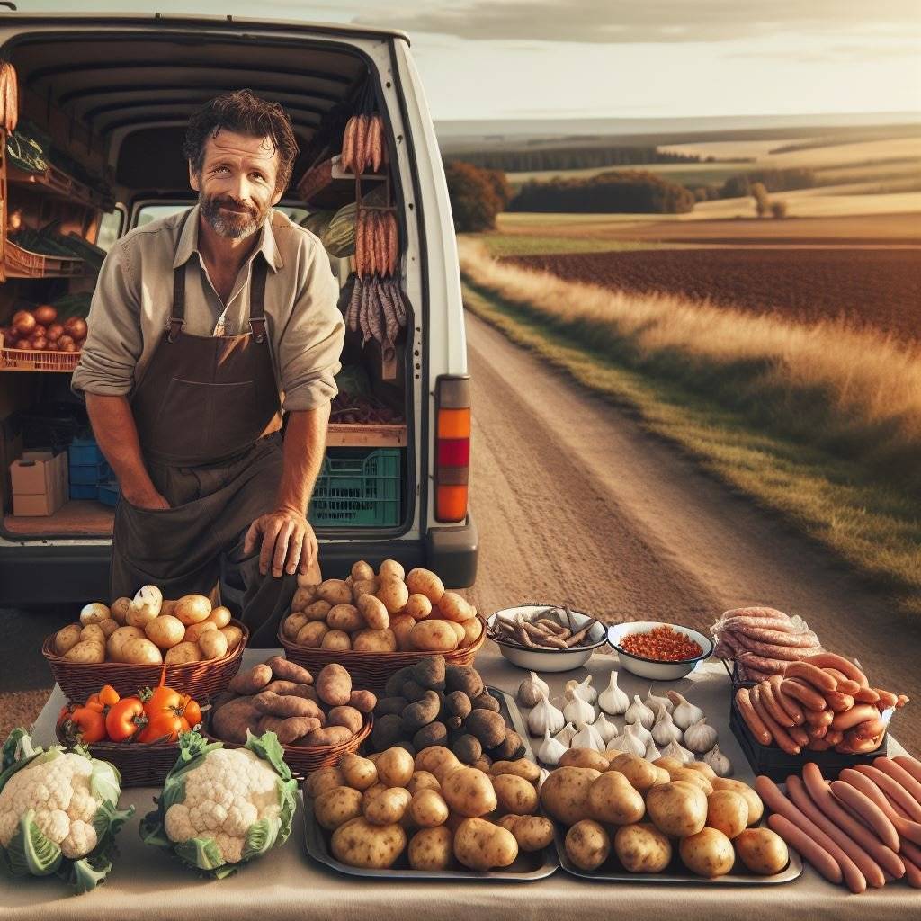 Dnes v 16:00 přijede soukromý prodejce z Moravy a bude na parkovišti před OÚ prodávat brambory, cibule, česnek, květák, klobásy, atd. Zdrží se asi půl hodiny. (ilustrační obrázek vytvořen AI)