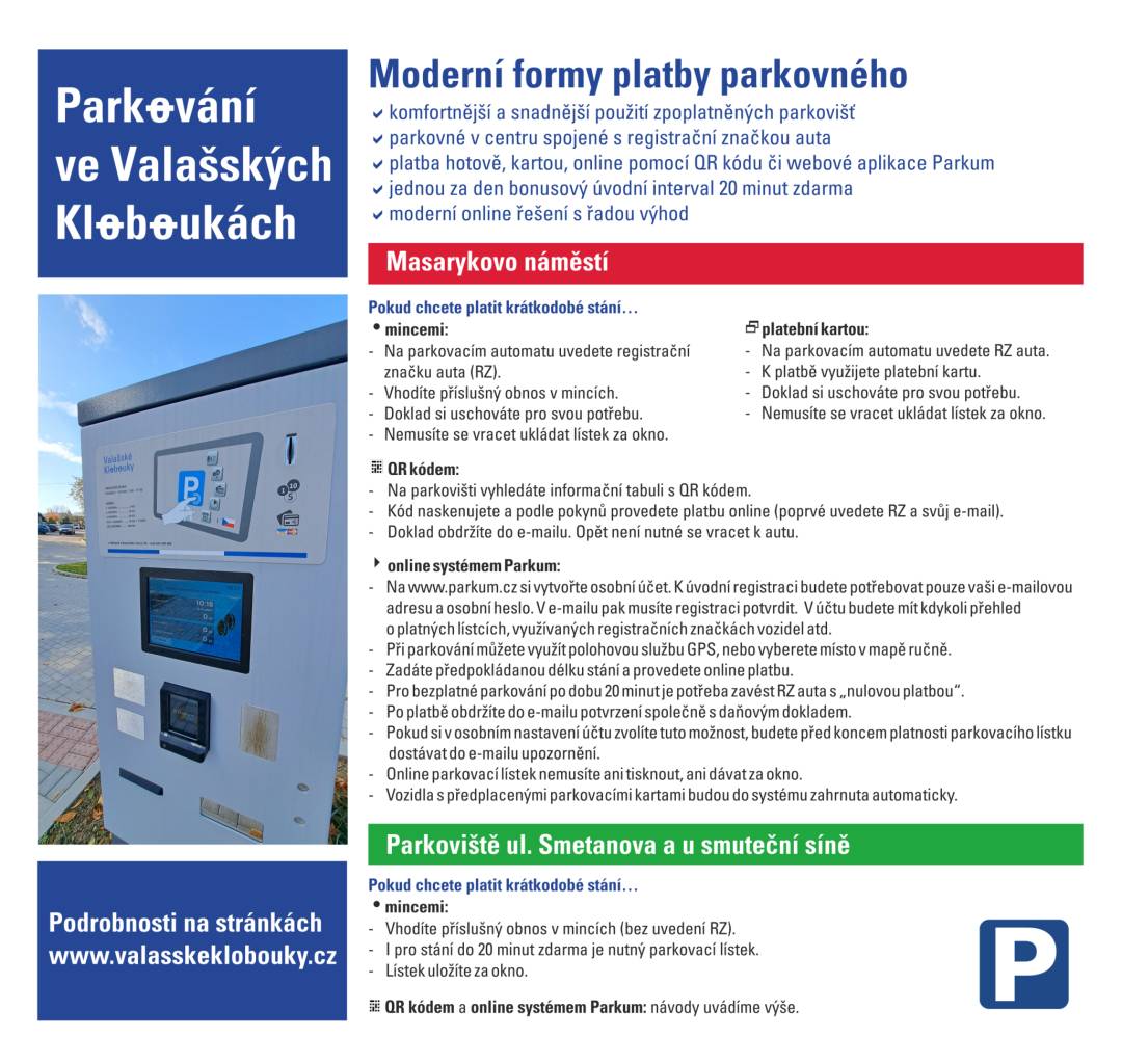 Nový systém placení parkování na Masarykově náměstí a okolí  ve Valašských Kloboukách poběží od pondělí 4. listopadu 2024.
