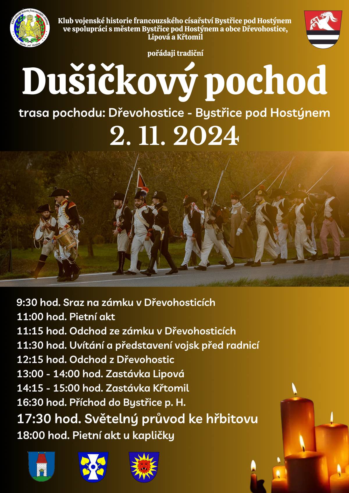 Město zve v sobotu 2. listopadu v 17.30 na tradiční světelný průvod připravený Klubem vojenské historie francouzského císařství (Masarykovo náměstí) a také na společnou Dušičkovou vycházku s městským muzeem, na niž se můžete vydat v 18 hodin od kaple sv. Vavřince v Zahájeném. Plakáty s programem níže.