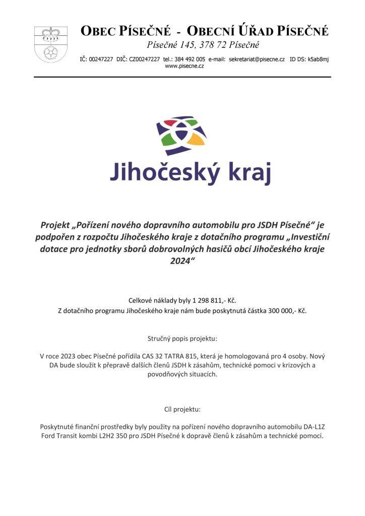 Pořízení DA pro JSDH obce Písečné s podporou JČK a MV GŘ HZS ČR