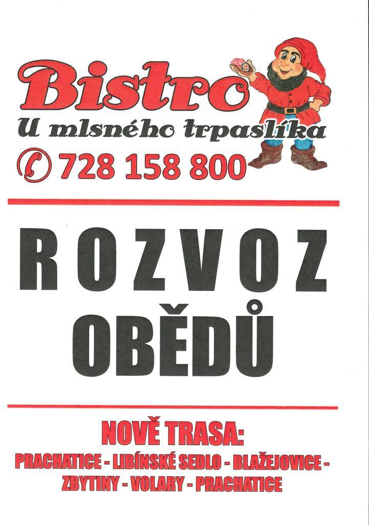 Od 5.8.2024 nabízíme občanům možnost rozvozu obědů.   Pro více informací kontaktujte pana starostu.   Tel. 777 842 222  V příloze jsou k nahlédnutí jídelní lístky pro týdny 04.11.-08.11.2024