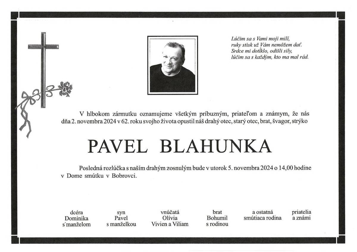 Smútočné oznámenie Pavel Blahunka