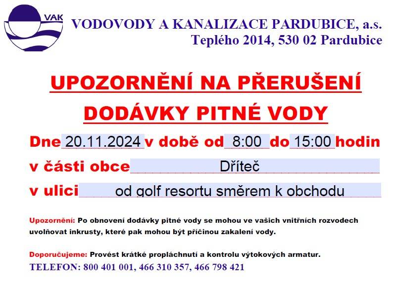 Upozornění na přerušení dodávky pitné vody včetně mapky oblasti, které se bude odstávka týkat.  Po dobu odstávky budou umístěny zásobníky s pitnou vodou u obecního úřadu a mateřské školky.
