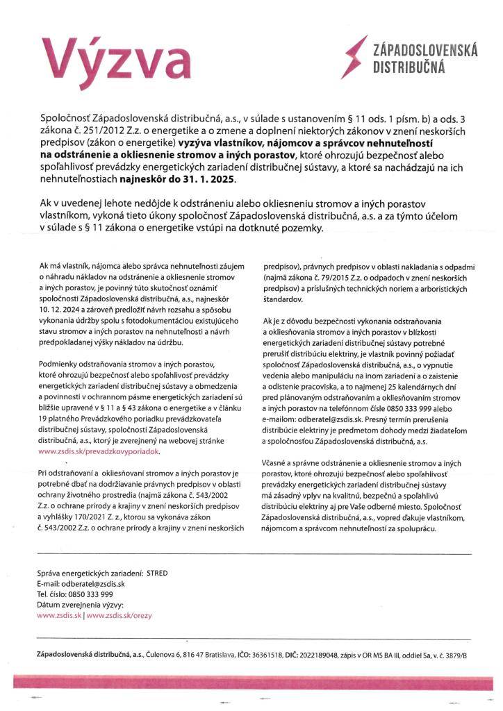 Výzva na odstránenie a okliesnenie stromov a iných porastov