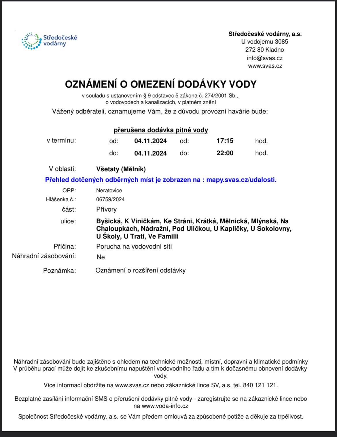 Havárie vody Přívory - rozšíření