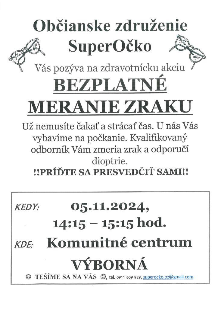 Dňa 05.11.2024 od 14.15 hod. do 15.15 hod.v Komunitnom centre Výborná