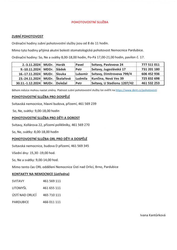 Zveřejňujeme změny v ordinačních hodinách lékařů a informaci o pohotovostních službách na měsíc listopad