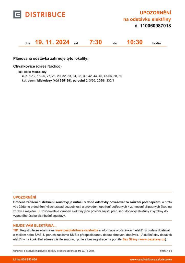 ČEZ - plánovaná odstávka Miskolezy dne 19.11.2024 od 7:30 do 10:30hodin