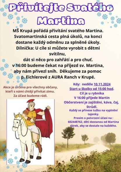 eděle 10.11.2024  start : školka 15:00hod  cíl :u rybníka