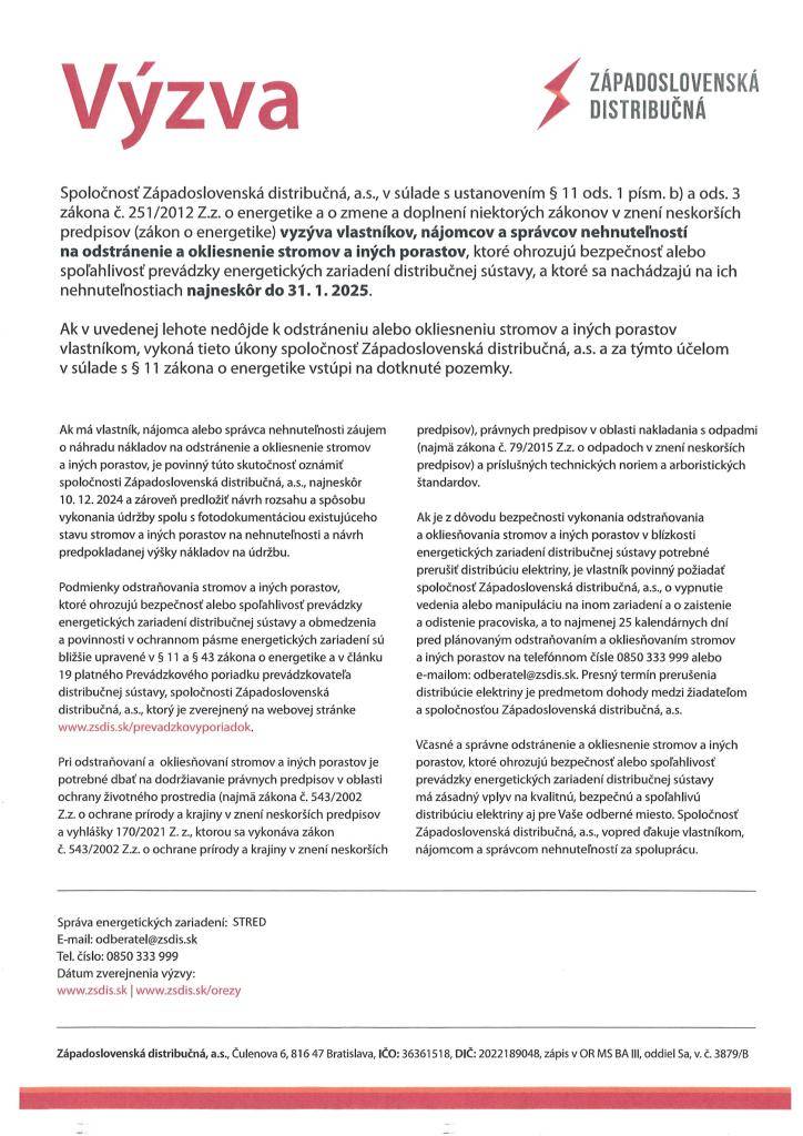 výzva na odstránenie a okliesnenie stromov a porastov