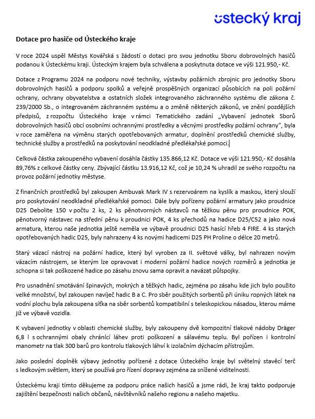 Dotace z Programu 2024 na podporu nové techniky, výstavby požárních zbrojnic pro JSDH a podporu spolků a veřejně prospěšných organizací působících na poli požární ochrany, ochrany obyvatelstva a ostatních složek IZS dle zákona č. 239/2000 Sb., o IZS, z rozpočtu Ústeckého Kraje.