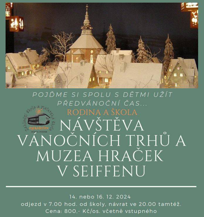 Ve dnech 14. a 16.12.2024 pořádá ZŠ a MŠ Chraštice zájezd do městečka hraček, Seifenu. Součástí akce je prohlídka muzea, skanzenu a vánočních trhů. Zájezd je určen nejen pro žáky, ale i dospělé. Více informací najdete uvnitř zprávy.